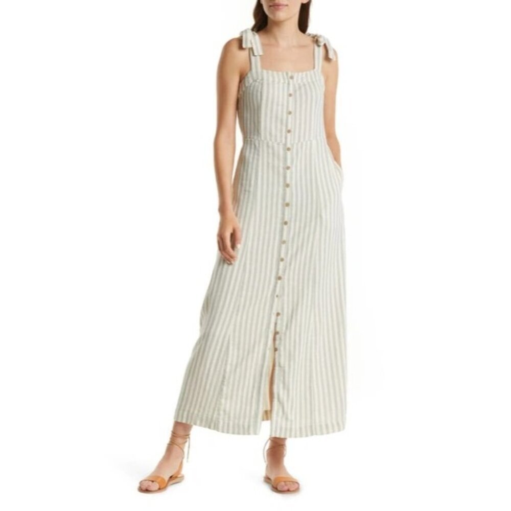 Faherty Tie Strap Organic Cotton Stripe Midi Dress Womens Size S Pockets Capsule